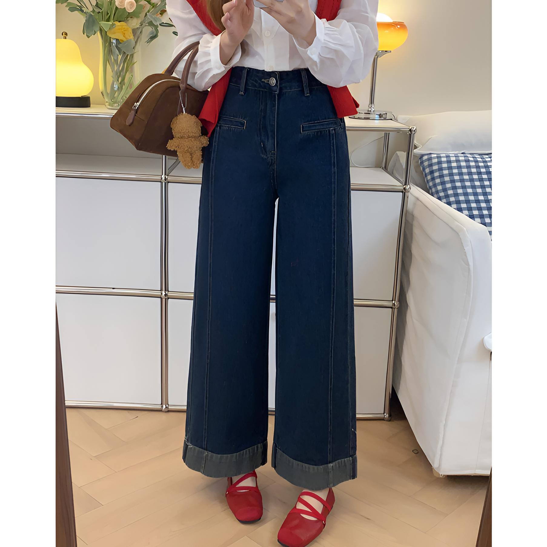 斜裁双裤缝阔腿牛仔裤女2025秋季新款梨形身材高腰弹力直筒九分裤