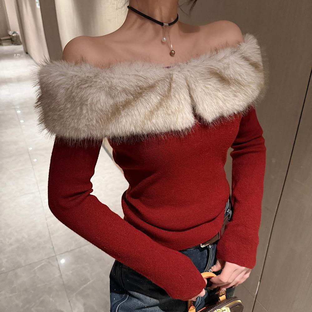 红色圣诞穿搭一字肩毛领长袖针织衫女秋冬新款纯欲设计感显瘦上衣