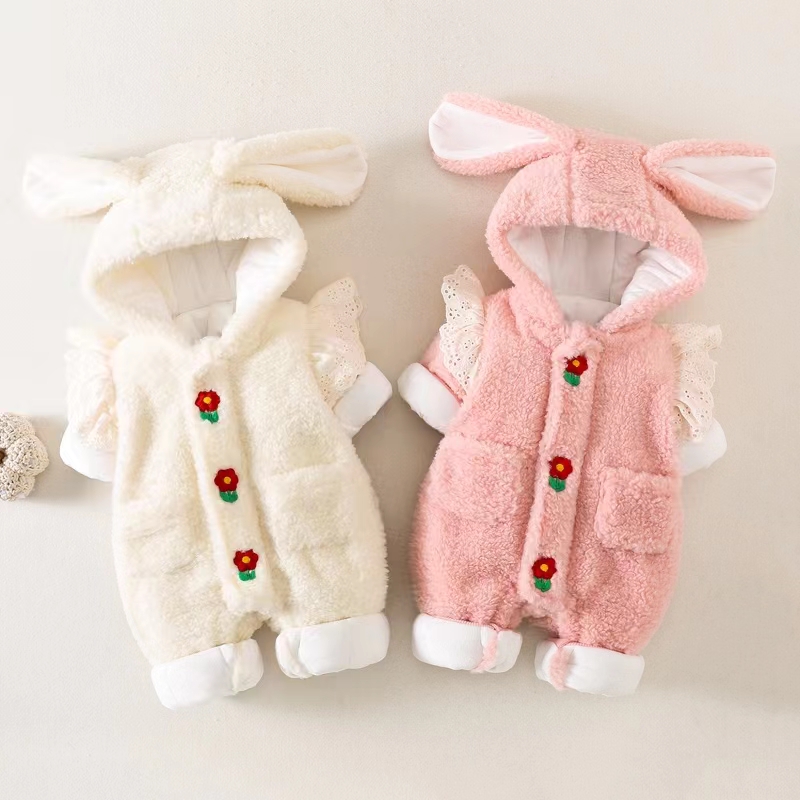 婴幼儿冬季兔耳帽花朵厚棉哈衣甜美可爱保暖外出爬服
