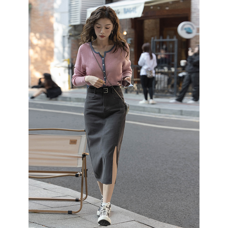 2025春夏新款韩系穿搭高级感针织开衫上衣搭配牛仔裙气质两件套女