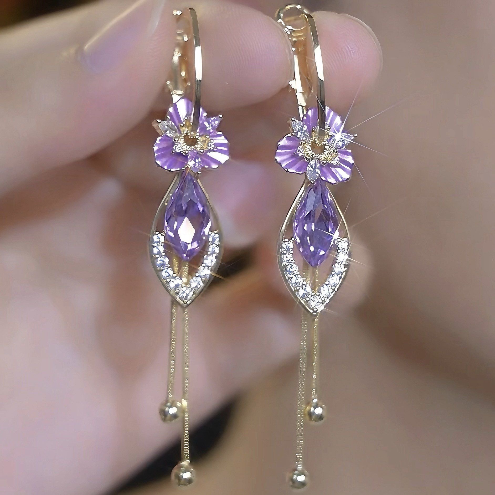 925银针锆石耳饰  【112号】一款多戴紫色高级长款花朵流苏耳环