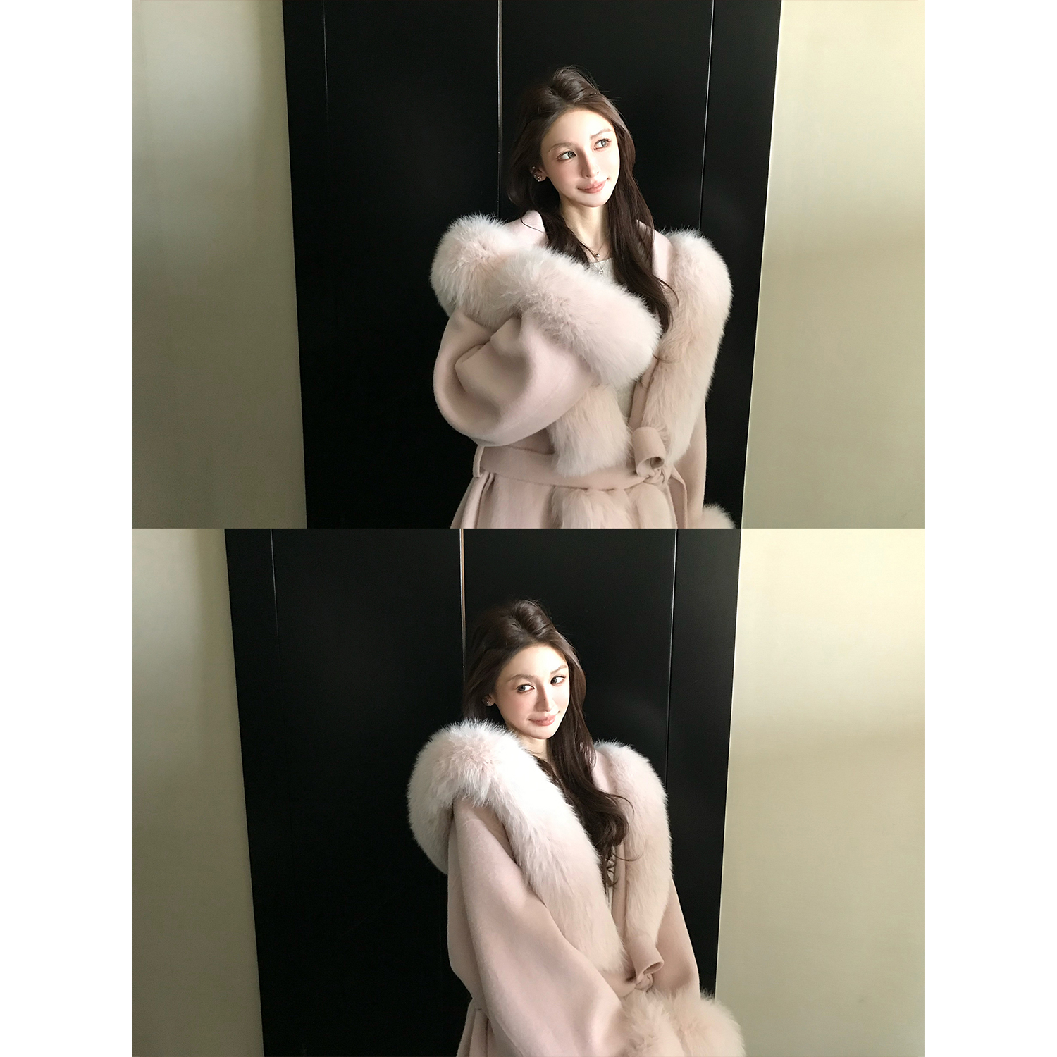 Skk Store '海瑟薇'900G进口狐狸毛领100羊毛贵妇连帽双面呢大衣