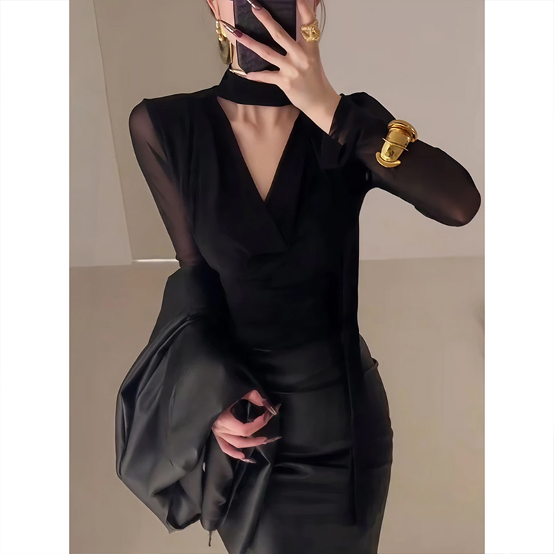 御姐辣妹网纱微透飘带荡领长袖T恤女秋冬打底衫修身纯欲内搭上衣