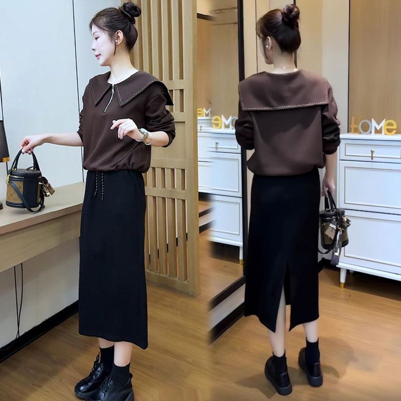 时尚套装裙女2025秋季新款时髦洋气娃娃领卫衣半身裙连体裤套装女