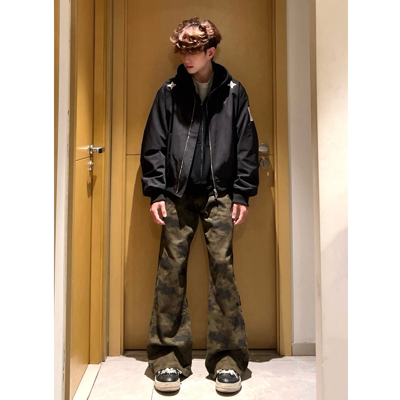 美式复古迷彩裤男秋冬加绒hipho牛仔裤男直筒宽松微喇阔腿长裤子