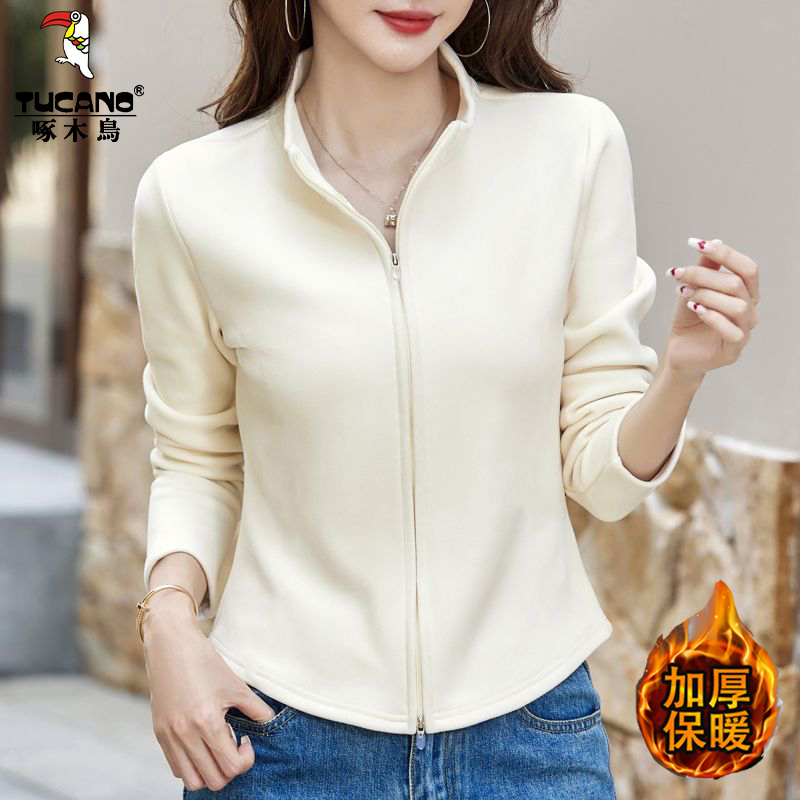 啄木鸟秋冬新款德绒立领卫衣韩版宽松显瘦长袖女T恤气质百搭上衣