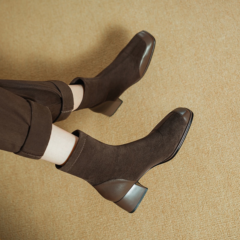 手工鞋~超好穿~法式复古真皮方头粗跟弹力靴女秋冬单靴显瘦短靴子