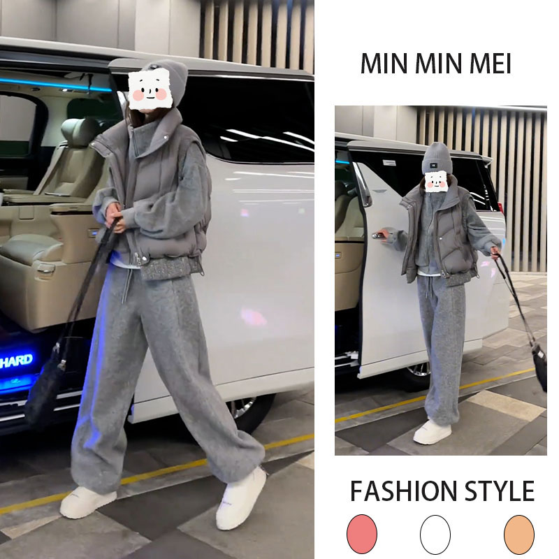 百搭休闲套装女2025年冬季新款洋气加厚马甲加绒卫衣卫裤三件套装