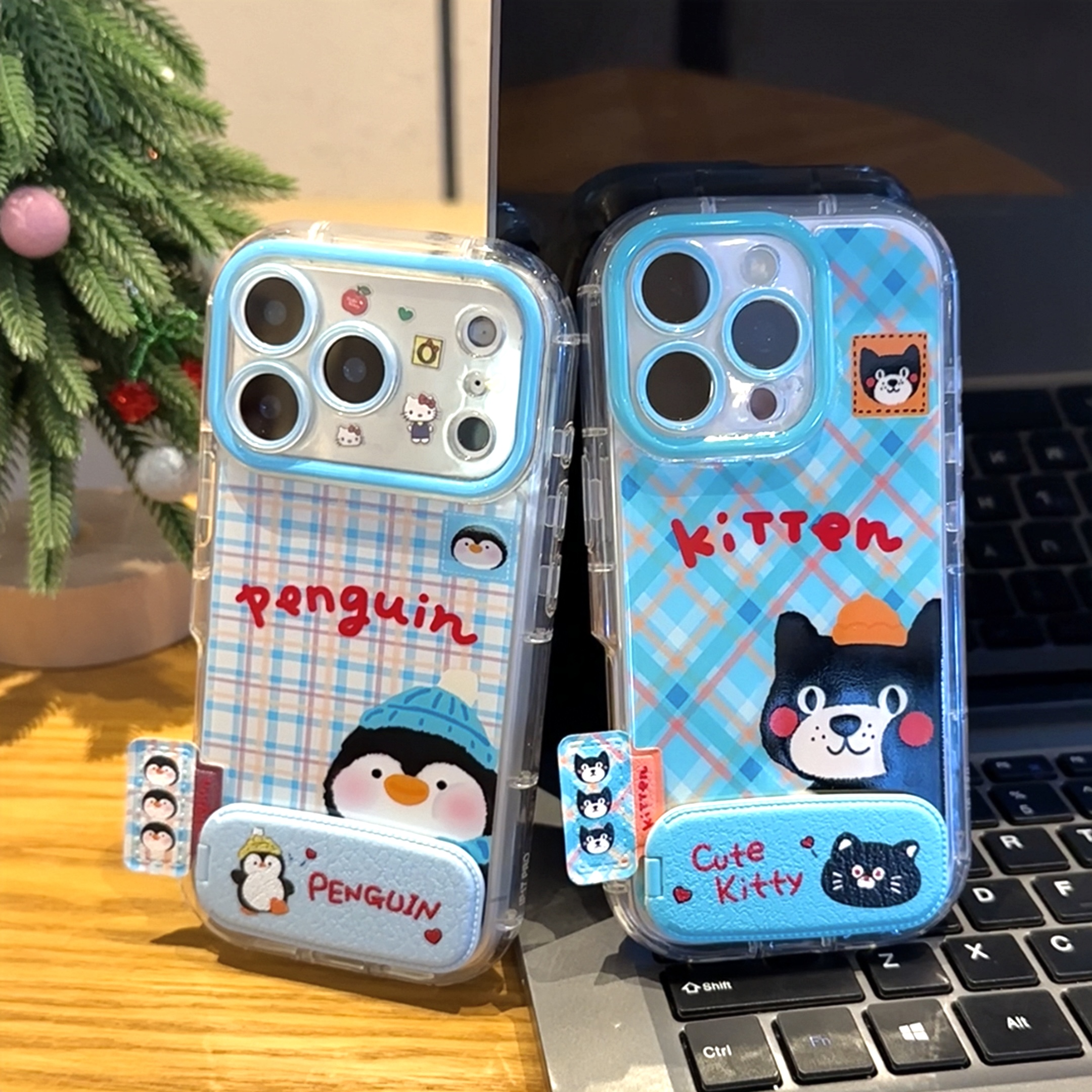 雅天立格纹企鹅吉利猫适用苹果17支架手机壳16华为vivo小米oppo套