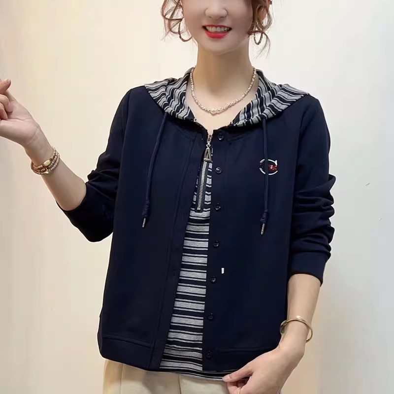 假两件条纹连帽长袖卫衣女2025秋季新款韩版休闲时尚宽松显瘦上衣