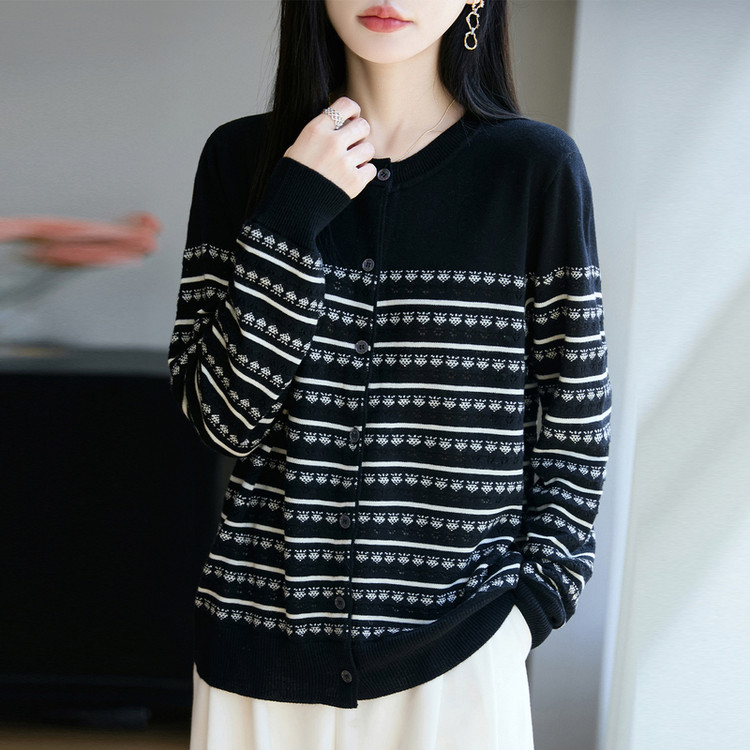 鄂尔多斯市纯100羊毛开衫圆领针织衫宽松提花条纹显瘦新款外套女