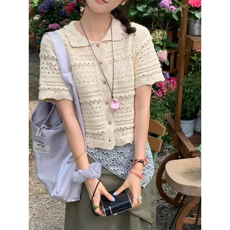 重工镂空文艺古着感开手工钩花杏色翻领衫单排扣短袖T恤外套