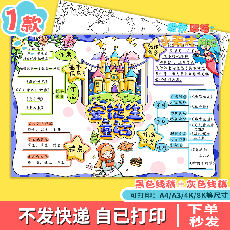 安徒生童话故事思维导图手抄报三年级阅读小报线稿读书卡f605