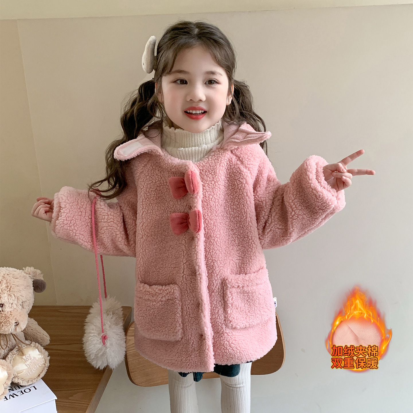 女童加绒羊羔绒外套冬季新款儿童中长款加厚毛毛衣女宝宝冬装保暖