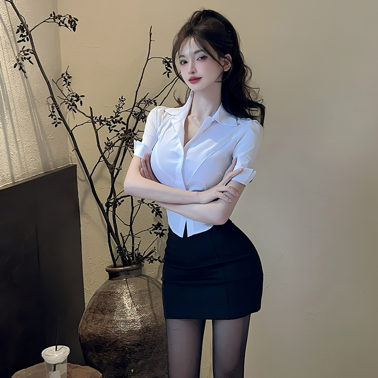 纯欲白色短袖收腰衬衫制服套装女夏季ol前台秘书工服包臀裙两件套