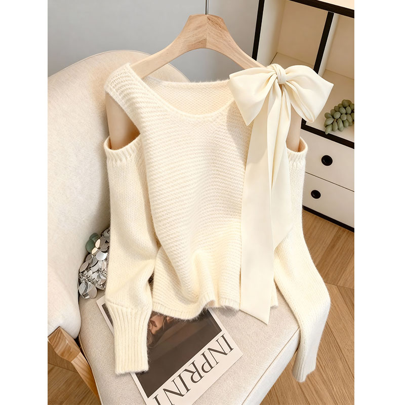 法式系带蝴蝶结温柔风毛针织衫女2025秋冬季新款甜美减龄露肩毛衣