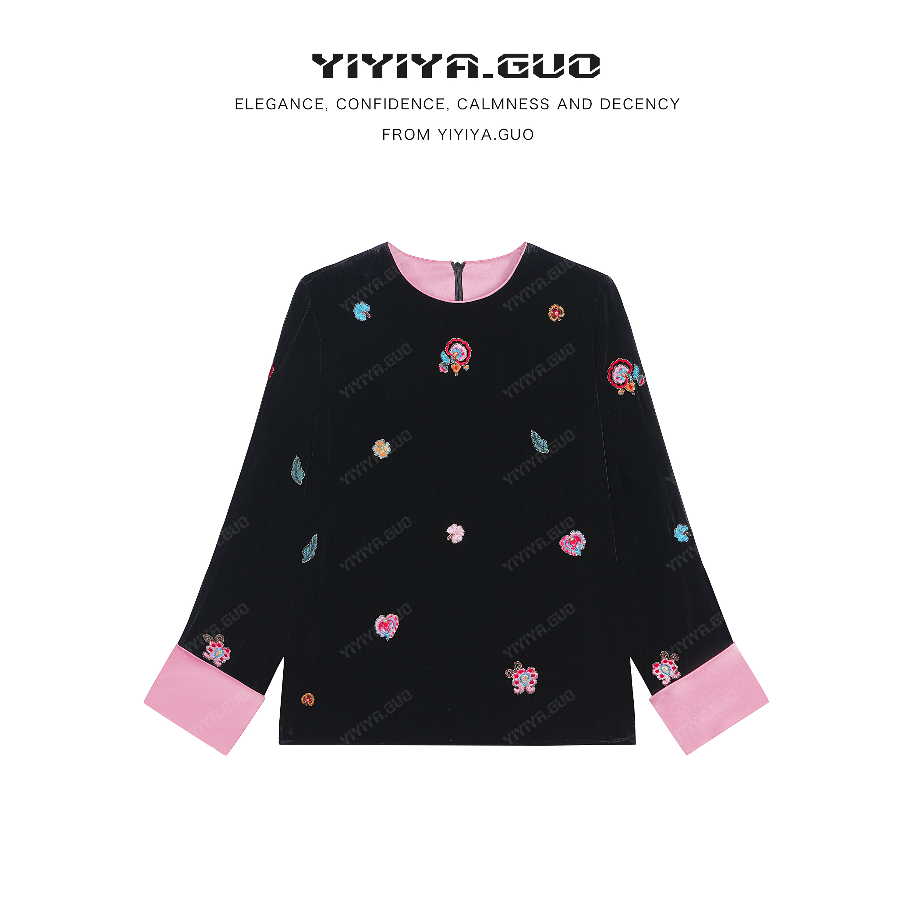 yiyiya.Guo艺艺吖【石榴运转】圆领拼接刺绣丝绒长袖上衣2712SS52