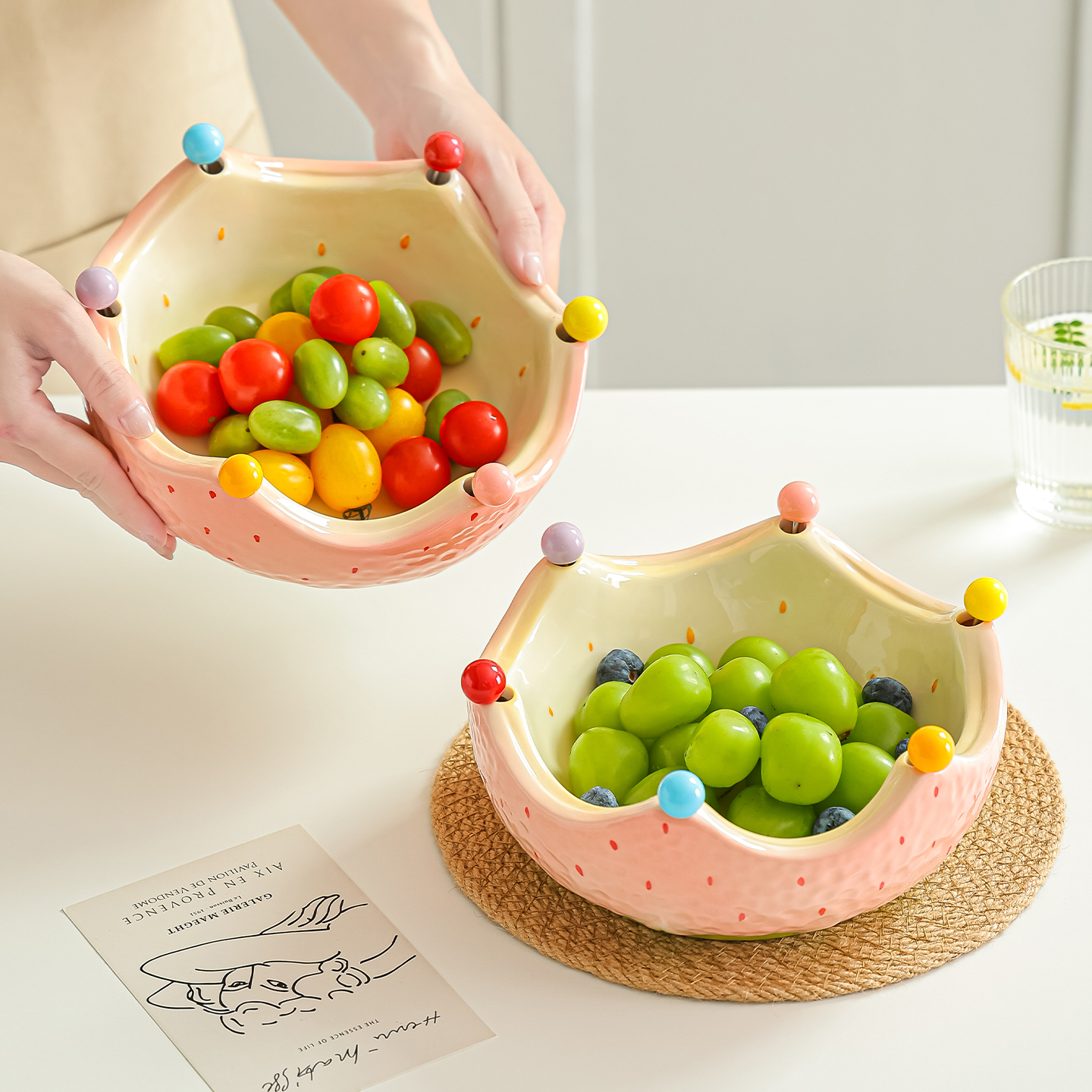 草莓水果盘创意家用陶瓷套装不锈钢水果叉可爱果碗客厅收纳好物