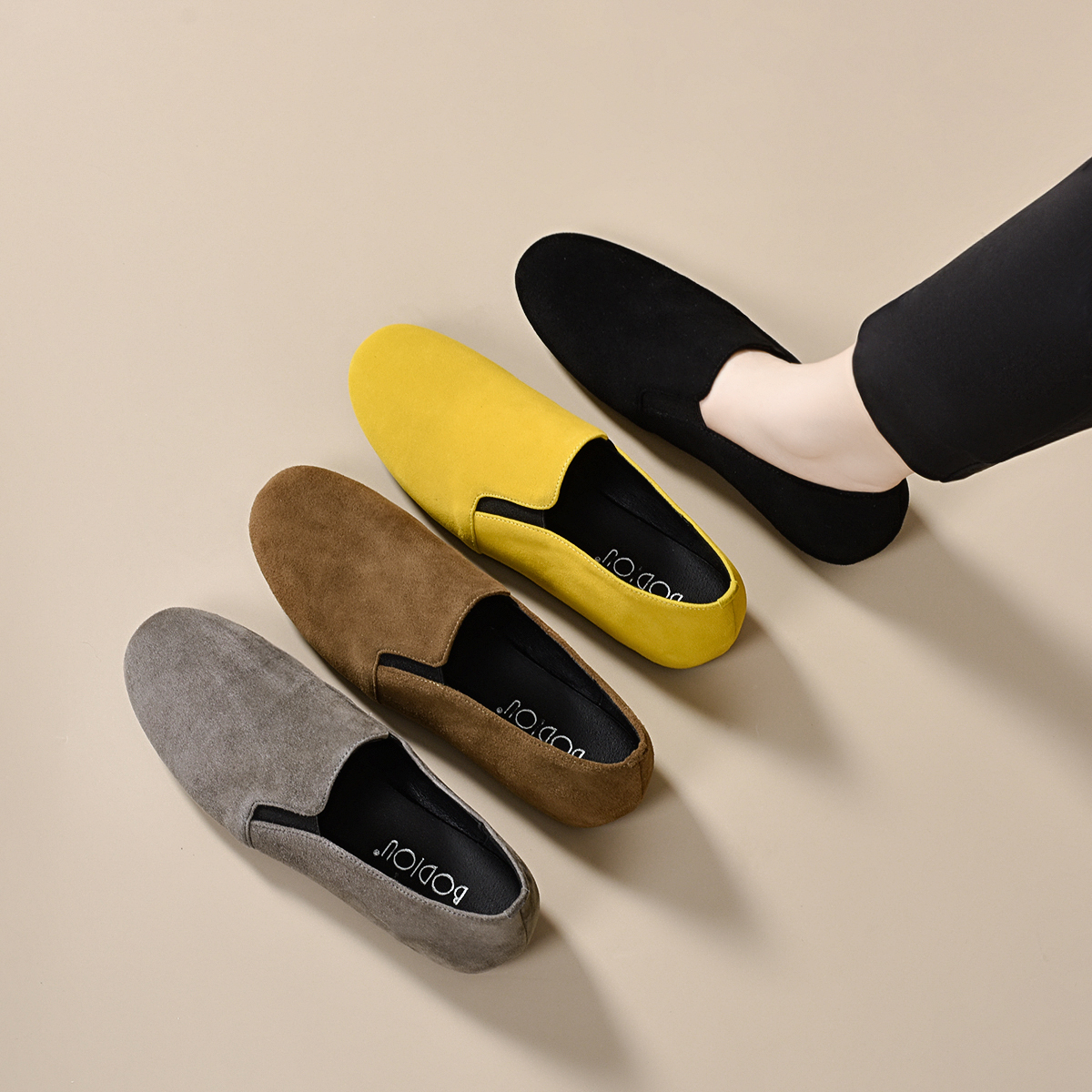 磨砂羊皮平底鞋女真皮乐福鞋跟豆豆鞋松紧单鞋黄色一脚蹬休闲鞋
