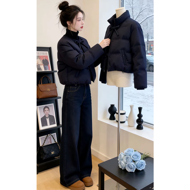 霖优【白梦循环】蝴蝶结系带圆领棉服女2025冬季小个子短款甜美外套