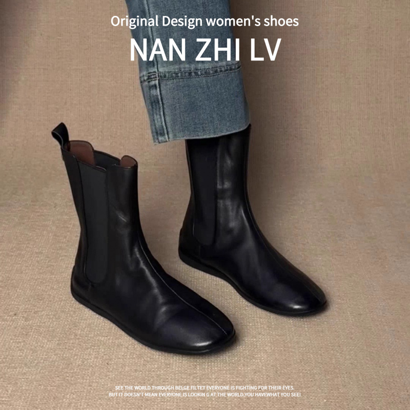 羊皮版~2025秋冬新款法式圆头短靴女款平底切尔西靴瘦瘦靴马丁靴