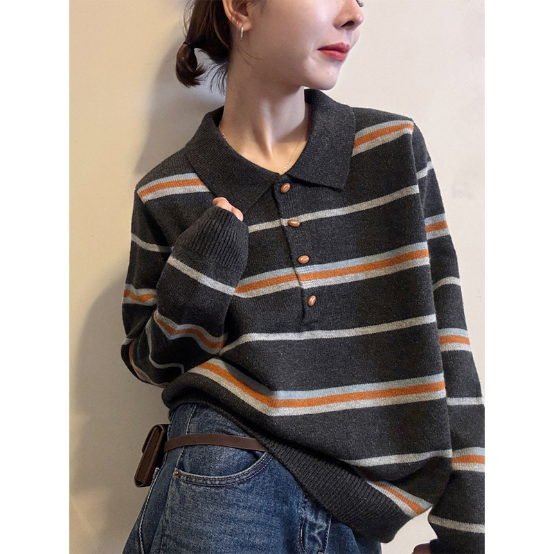撞色POLO领条纹针织上衣女秋冬新款微胖MM宽松显瘦气质慵懒风毛衣