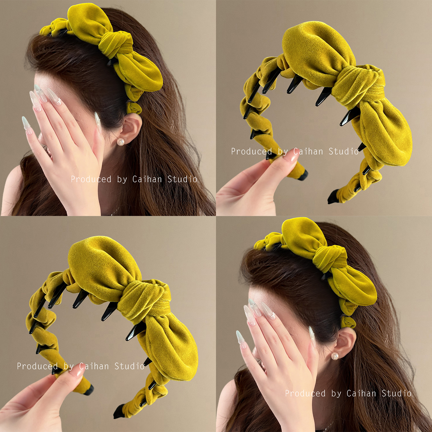 雾色暖秋~气质姜黄丝绒蝴蝶结发箍氛围感带齿高颅顶头箍旅行发卡
