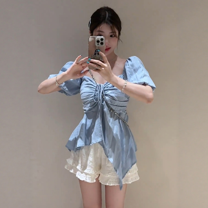 大码法式甜美蝴蝶结泡泡袖衬衫女夏季新款遮肉显瘦不规则短袖上衣