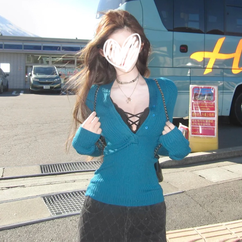 梦优莱性感辣妹风正肩针织T恤女秋装季新款修身显瘦独特漂亮上衣