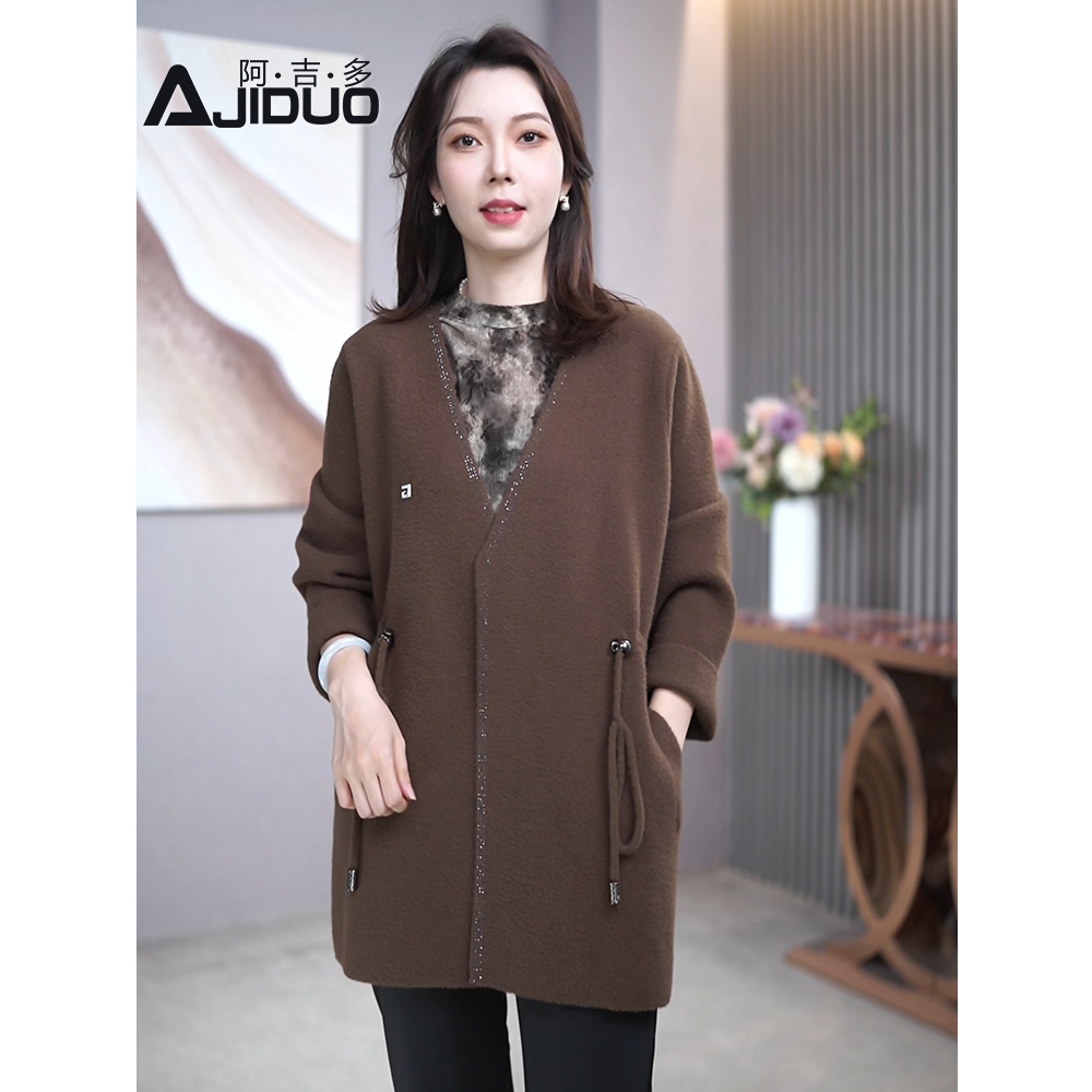 阿吉多棕色长袖外套女秋冬2025新款高端大气档次烫钻大码气质上衣