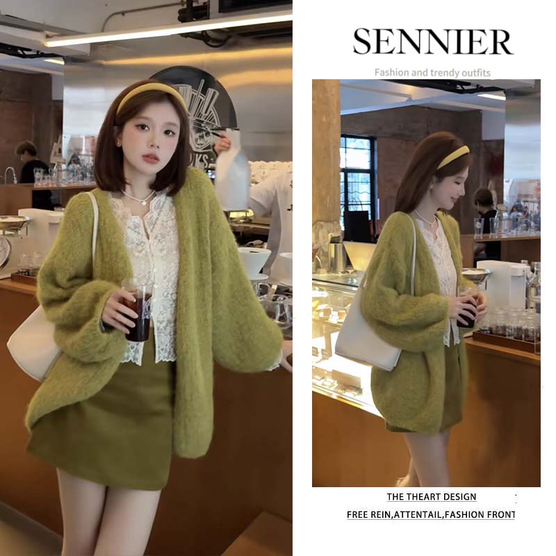 【现货速发】秋季女装2025年新款韩版毛衣外套蕾丝长袖显瘦短裙套装