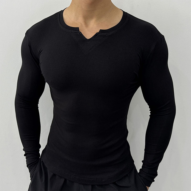 V领长袖男士质感条纹紧身衣秋冬季运动T恤跑步健身服修身棉打底衫