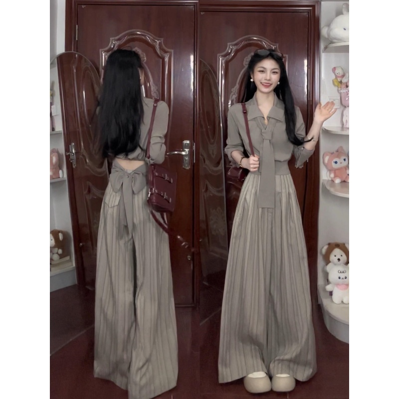 MARIE.COCO老钱风松弛感女装贵气秋季两件套露腰长袖衬衫阔腿长裤