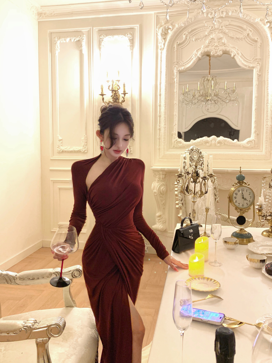 钓系美女 气质纯欲风斜肩褶皱连衣裙辣妹性感修身包臀裙开叉长裙