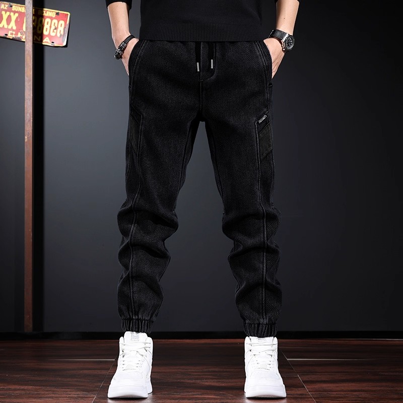 美式潮牌工装牛仔裤男秋冬新款宽松大码加绒束脚运动哈伦休闲裤子