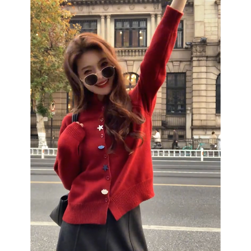 高级感红色半高领毛衣开衫女秋冬2025新款爆款内搭打底针织衫上衣