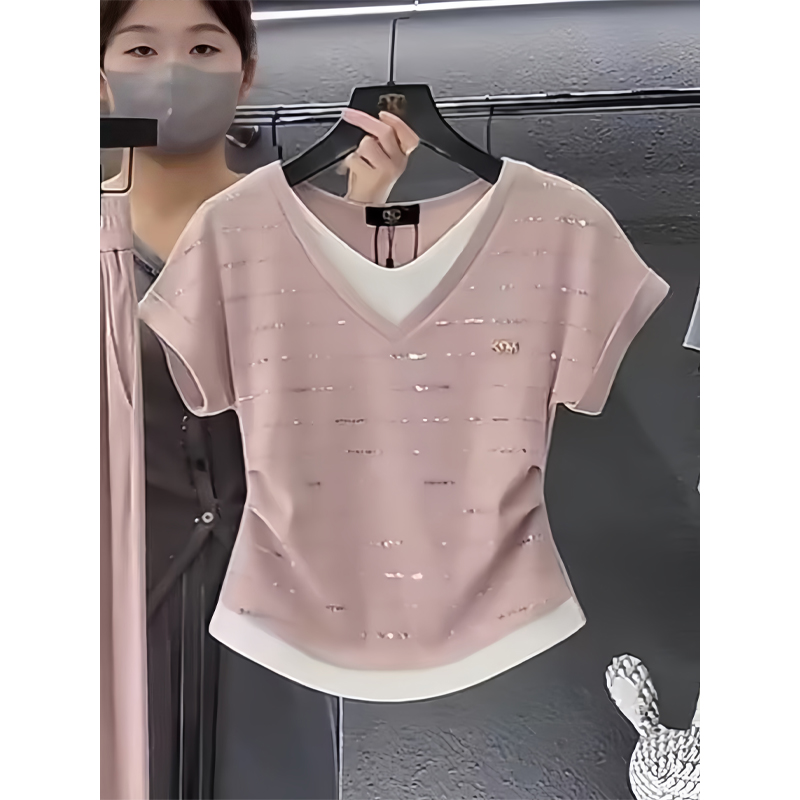 2025夏季新款烫钻假两件短袖T恤女洋气拼接设计感时尚显瘦上衣女
