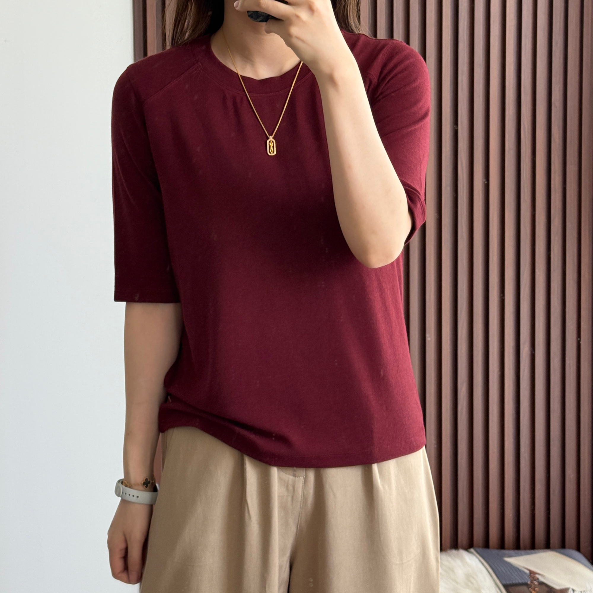 美亚恩NANA早秋新款五分袖极简圆领T恤女纯色中袖宽松显瘦C0429