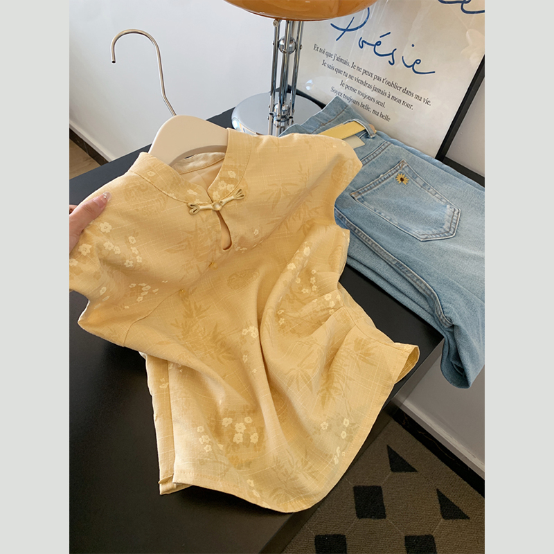 新中式国风盘扣提花刺绣立领飞袖衬衫气质女设计感黄色多巴胺上衣