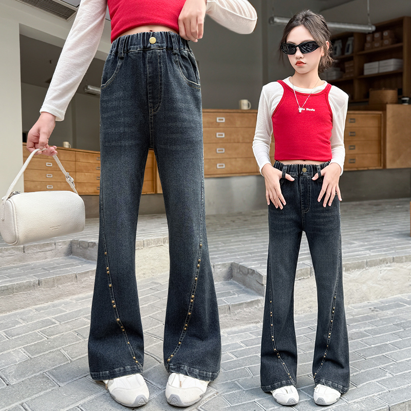 女童牛仔裤修身弹力喇叭裤春秋新款洋气儿童裤子中大童显瘦微喇裤