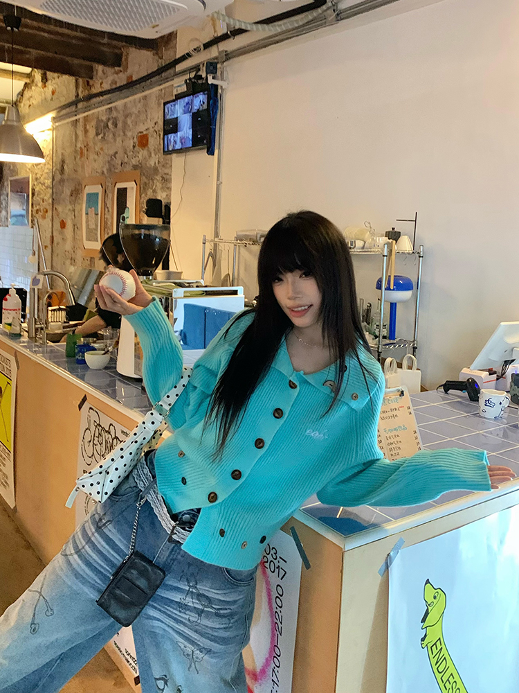 早秋蓝色翻领针织开衫毛衣女2025新款设计感多扣百搭宽松软糯外套