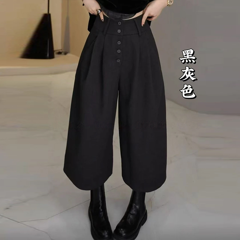 黑色时尚高腰排扣压褶西装裤女秋季宽松高腰显瘦垂感阔腿休闲裤