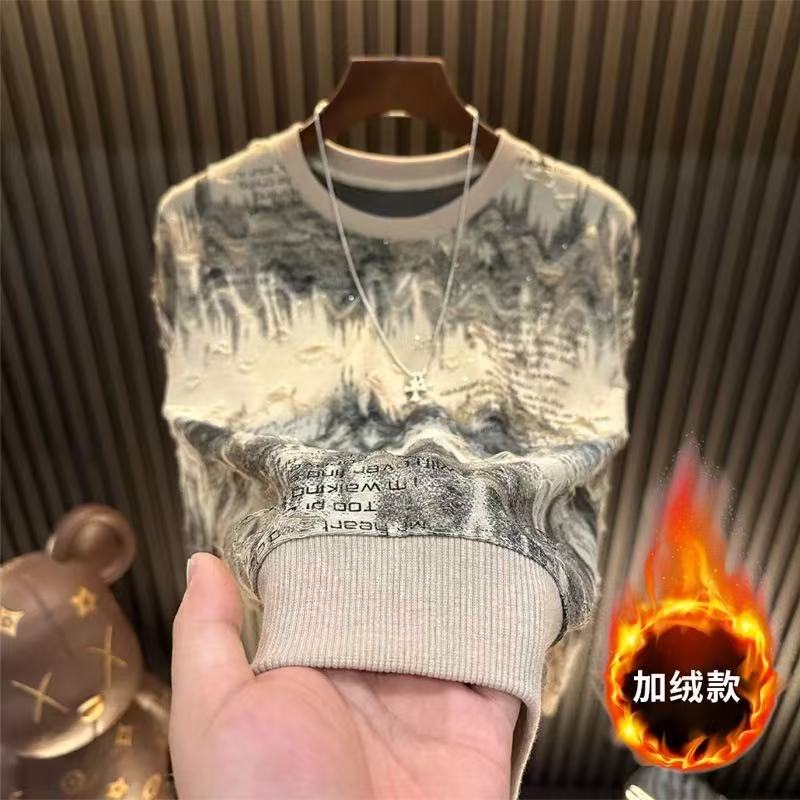 秋冬长袖卫衣新款字母男款满天星亮闪破洞男上衣爆款轻奢圆领潮流