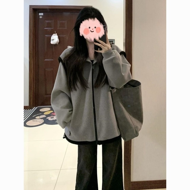 美式复古灰色拼接毛呢外套男女春秋休闲宽松百搭廓形棒球服上衣潮