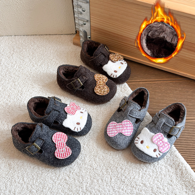 2025女童秋冬季爆款复古KT猫魔术贴软底小童勃肯鞋加绒毛呢豆豆鞋