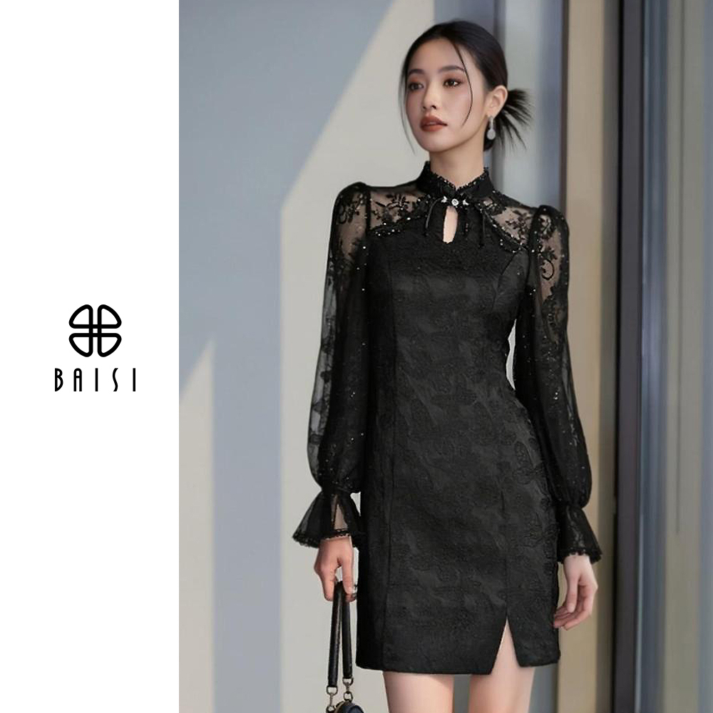 BAISI/百丝改良新中式旗袍贵气高级女主立体显瘦冬季拼接款连衣裙