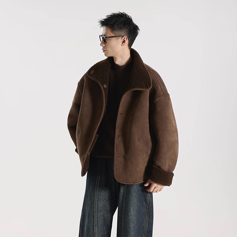 托卡双面穿磨绒绗线仿麂皮绒夹克男女秋冬季慵懒风松弛感棉衣外套