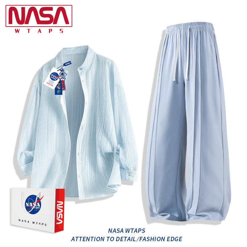 NASA WTAPS长袖衬衫套装男款夏春秋季休闲服垂感直筒长裤子两件套