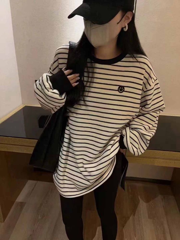 撞色条纹刺绣圆领长袖T恤秋冬宽松加厚休闲慵懒磨毛遮臀打底上衣