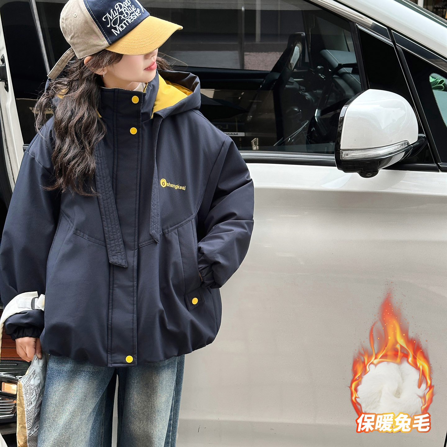 女童秋冬款加绒加厚连帽冲锋衣外套女大童洋气时髦儿童冬装派克服